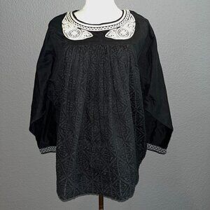 PRINGLE 1815 SCOTLAND 100% Cotton Black & Cream Embroidered Babydoll top EUC 10